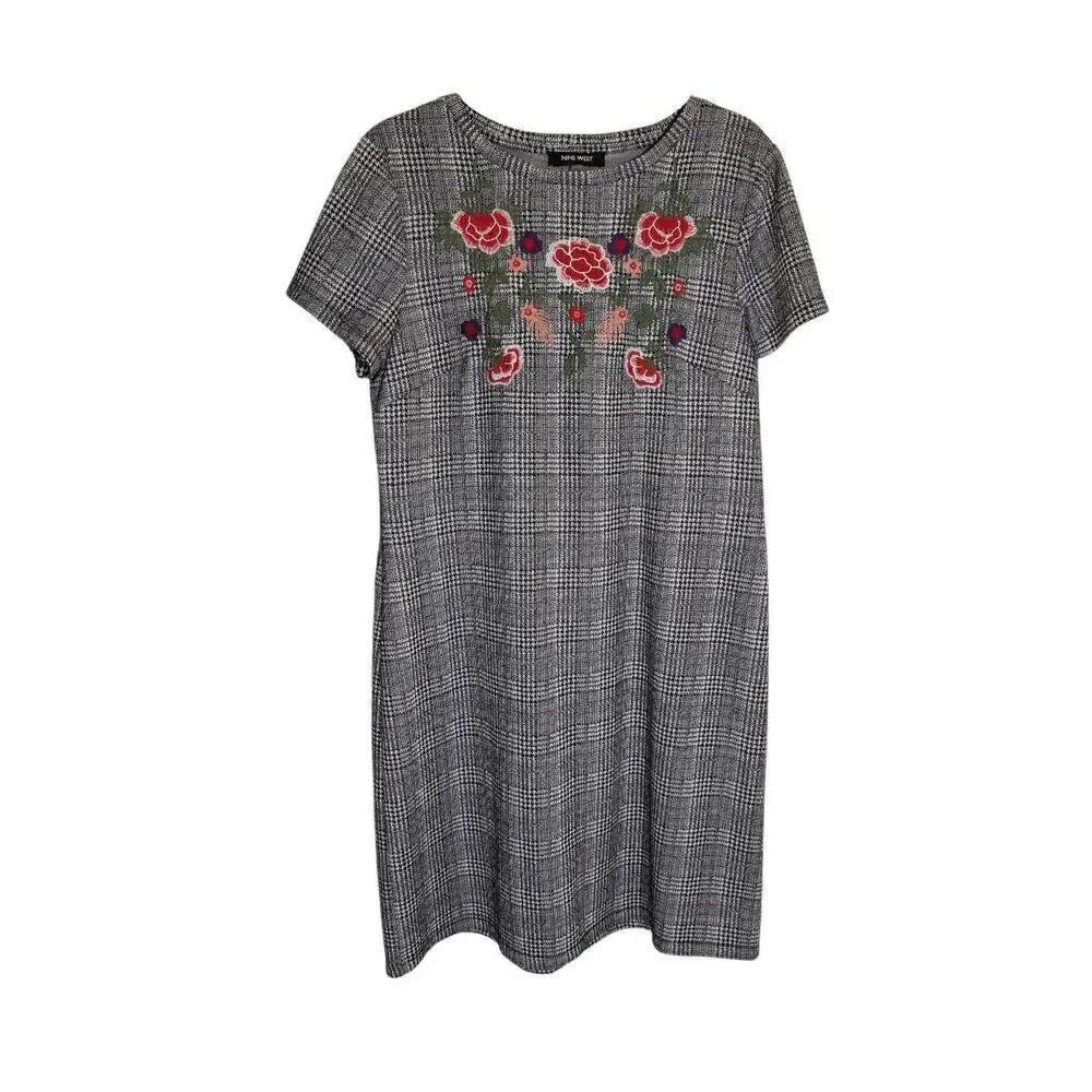 NINE WEST Women's Short Sleevehoundstooth Embroidered T-Shirt Dress Women's 14